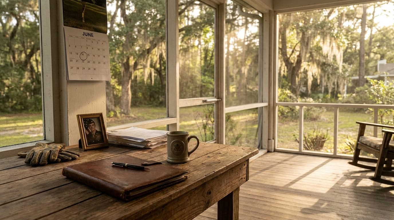 Georgia veteran reviewing a VA Partial Claim Program foreclosure notice at a kitchen table near Fort Stewart.