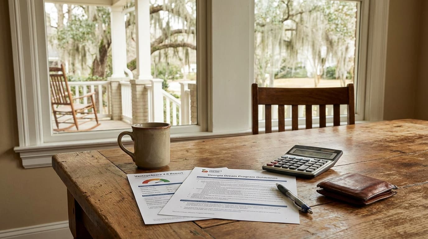 Georgia homebuyer reviewing credit report pages at a kitchen table while comparing VantageScore 4.0 mortgage options