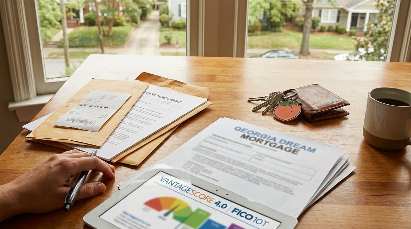 Atlanta apartment renter reviewing a mortgage credit report showing the new VantageScore 4.0 rent-payment score.