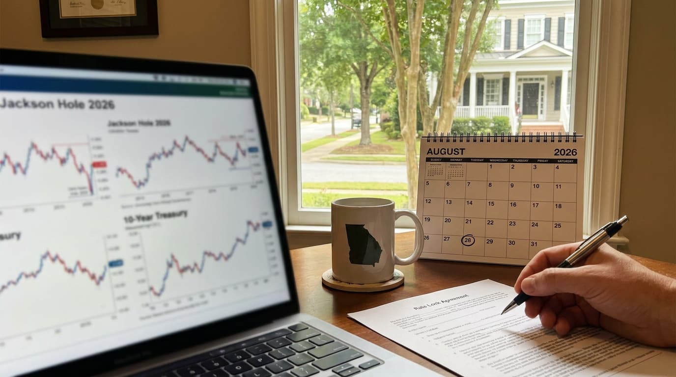 Kevin Warsh at the Jackson Hole podium, with a Georgia home for sale sign, illustrating low September rate cut odds.