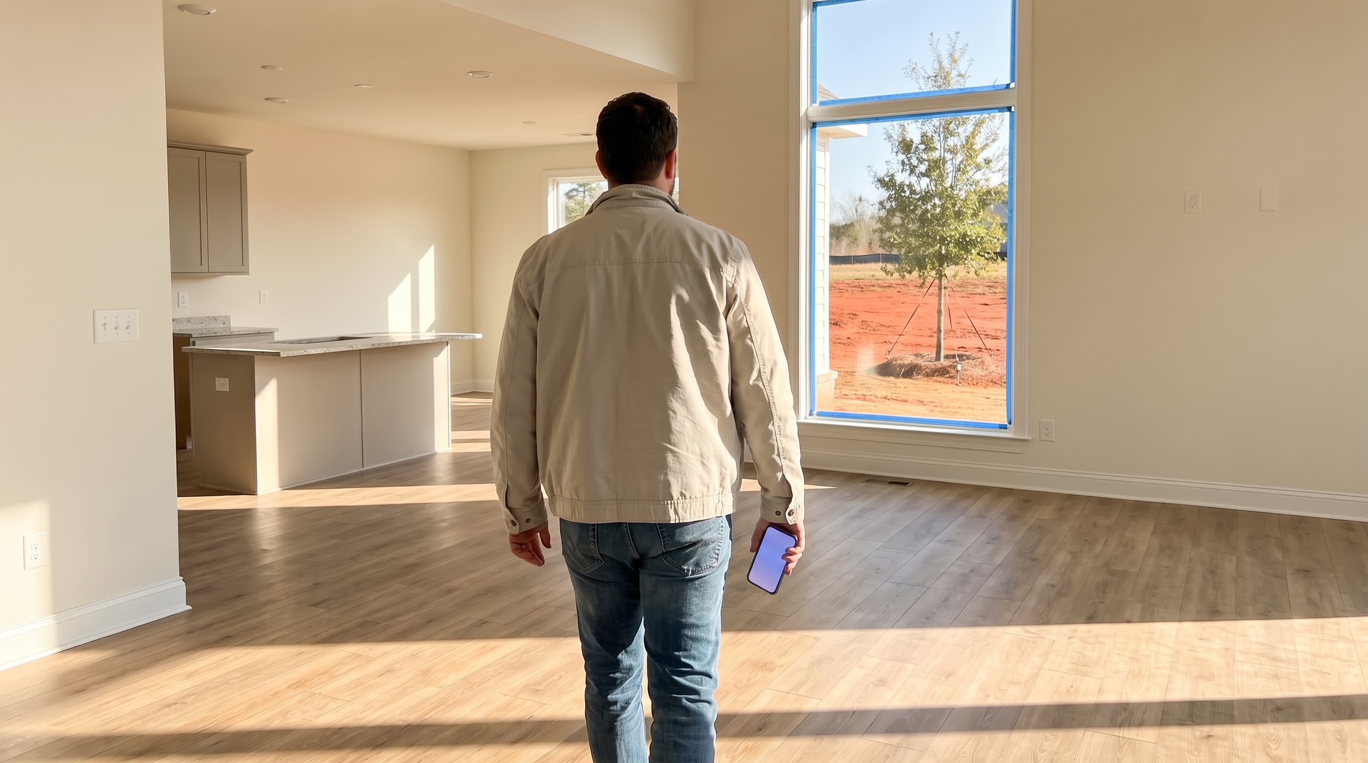 A buyer seen from behind walks into an empty, sunlit new-build living room with wood-look floors and a view of a young oak tree through a taped window.