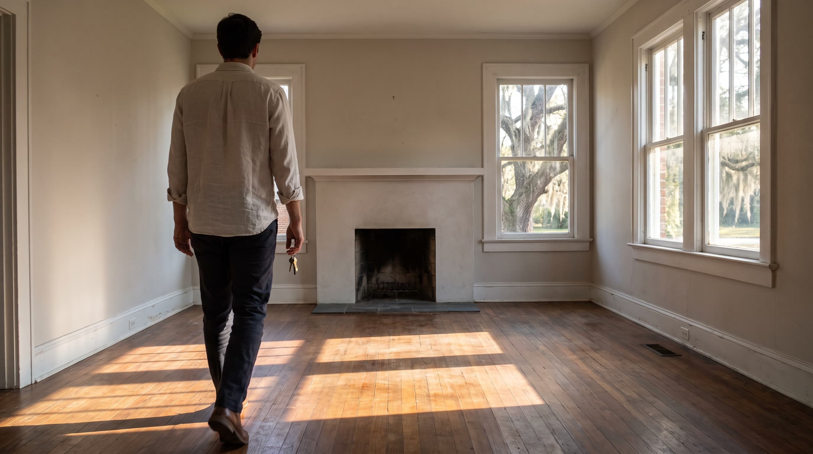 A buyer seen from behind walks into a sunlit empty room with heart pine floors and tall windows looking out on a live oak draped in Spanish moss.