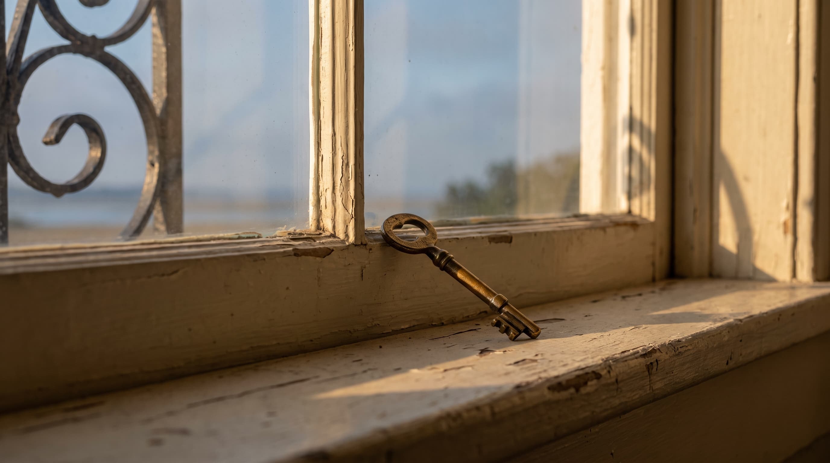 A brass door key resting on a sunlit wooden windowsill with a wrought-iron guard softly visible behind it.