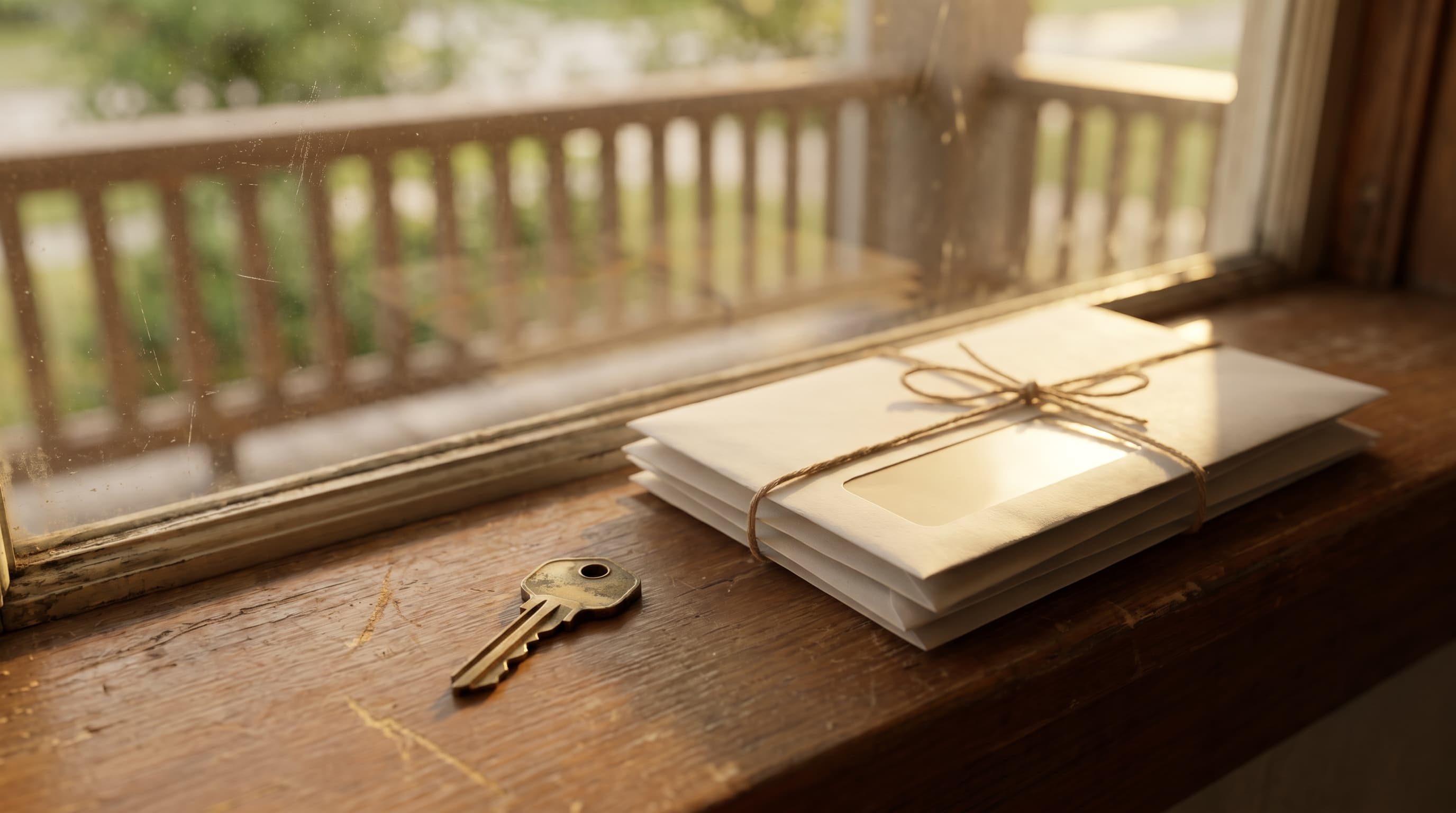 A brass house key beside a stack of closed envelopes on a sunlit wooden windowsill with a porch blurred behind the glass.