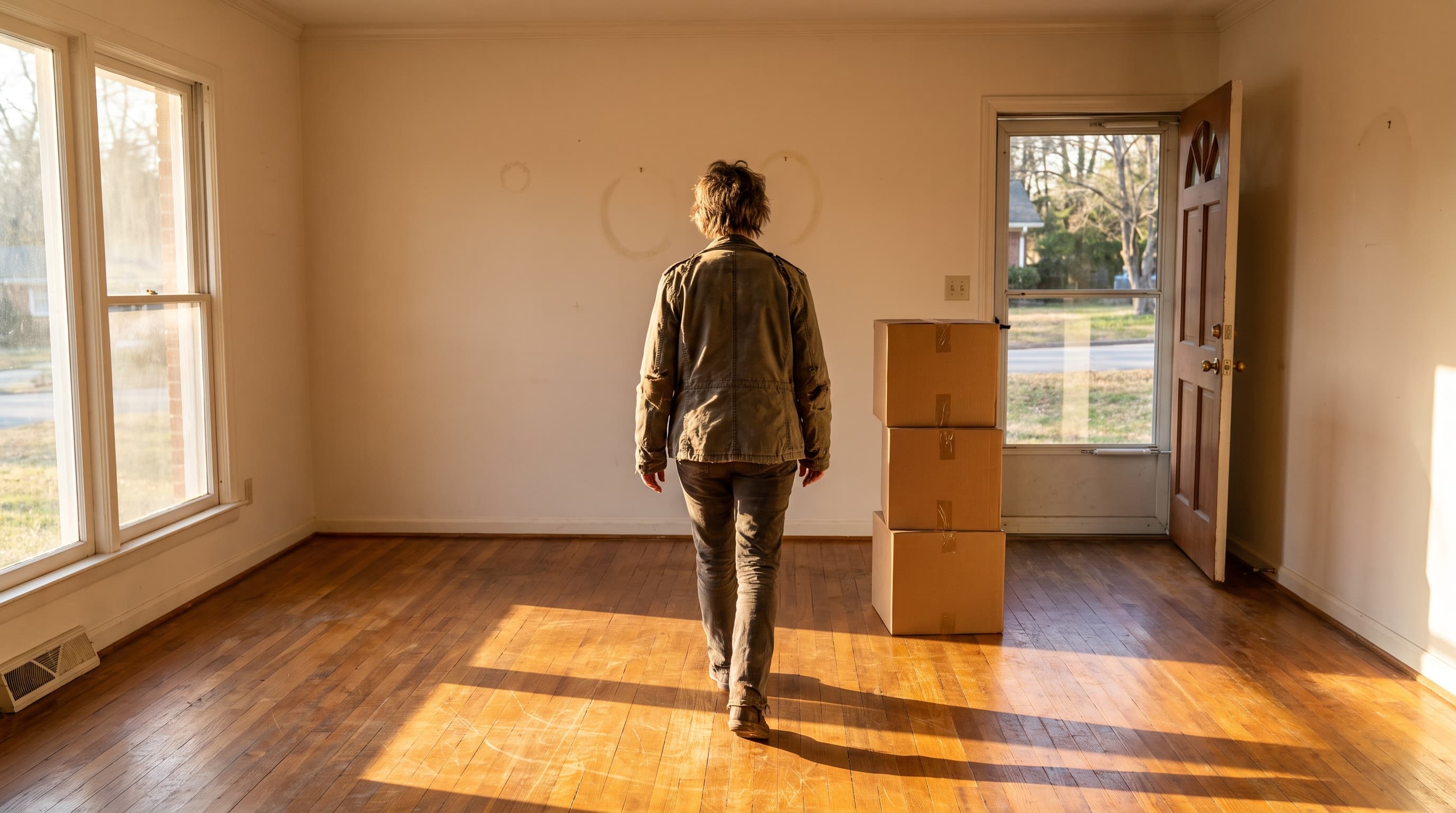 A person walks away through an empty, sunlit living room past a stack of moving boxes near the front door.