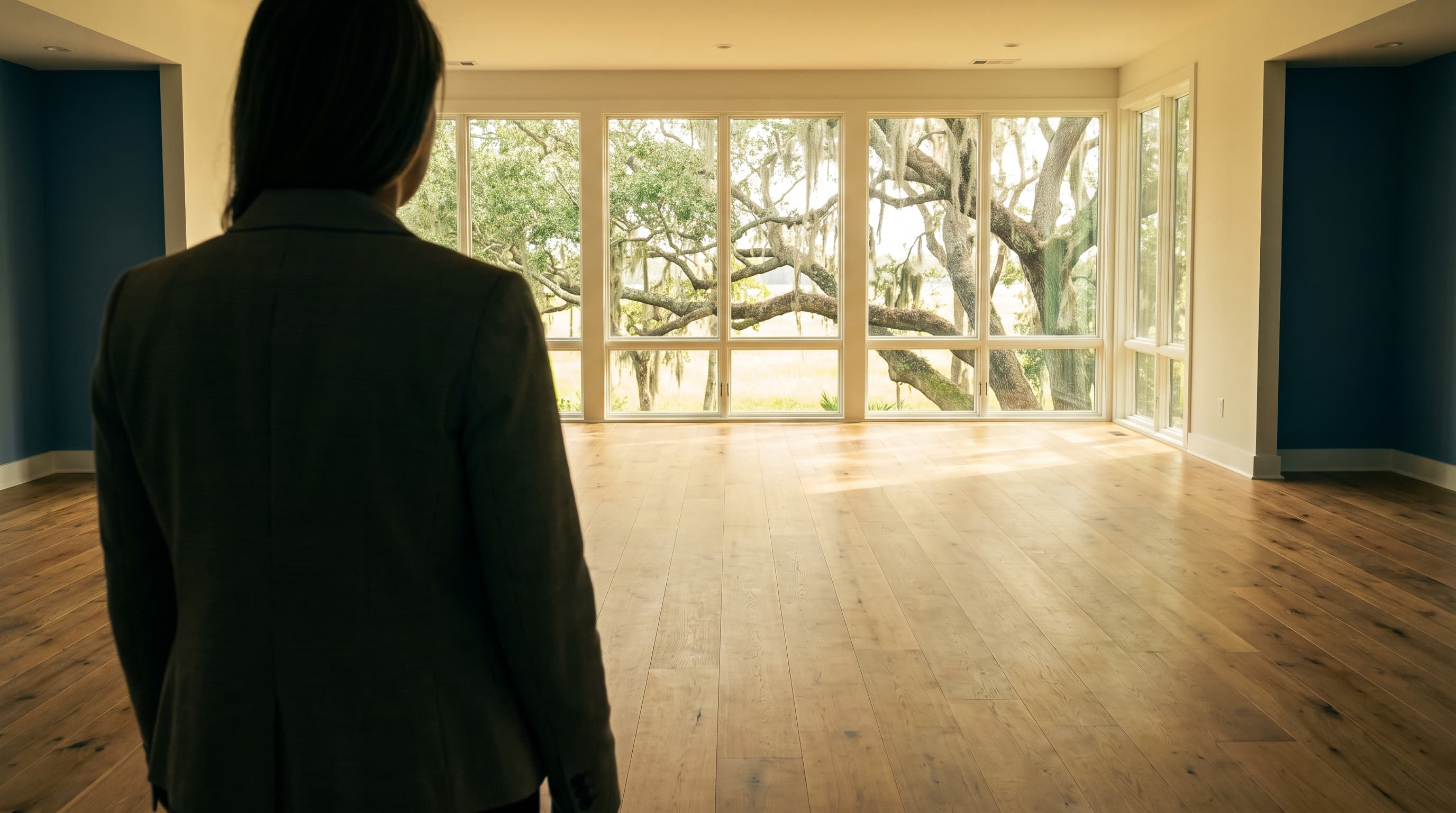 A person seen from behind standing inside the doorway of a sunlit, empty living room with floor-to-ceiling windows overlooking oak trees.