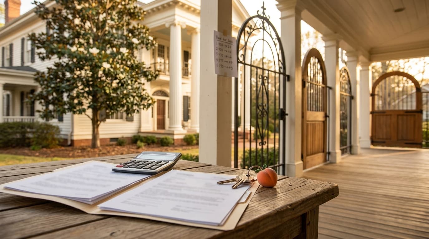 Georgia homebuyer comparing Georgia Dream loan programs paperwork and a lender rate sheet at a kitchen table