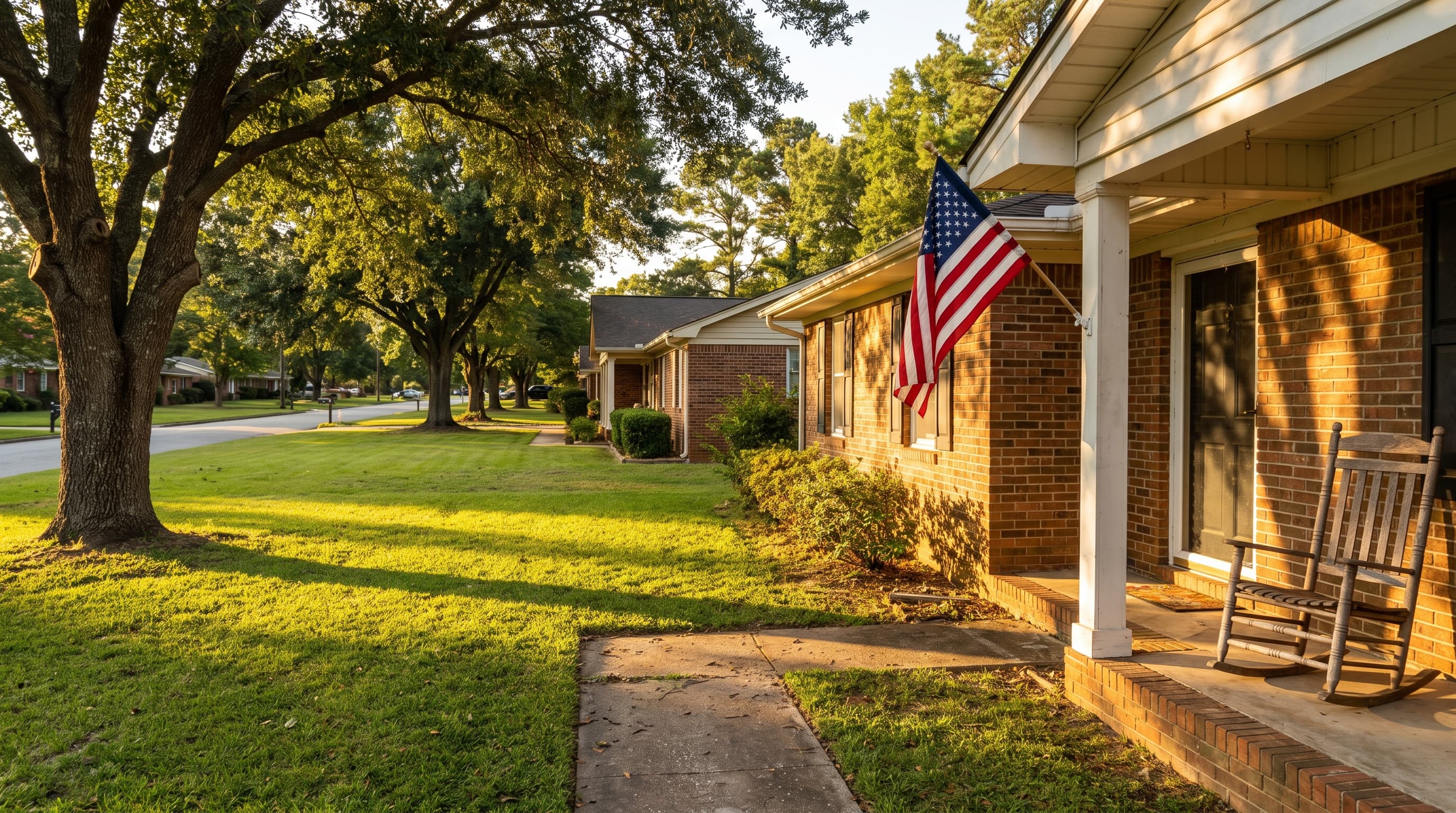 Brick ranch home with a small flag on the porch column, a rocking chair, and an oak tree in late-afternoon light