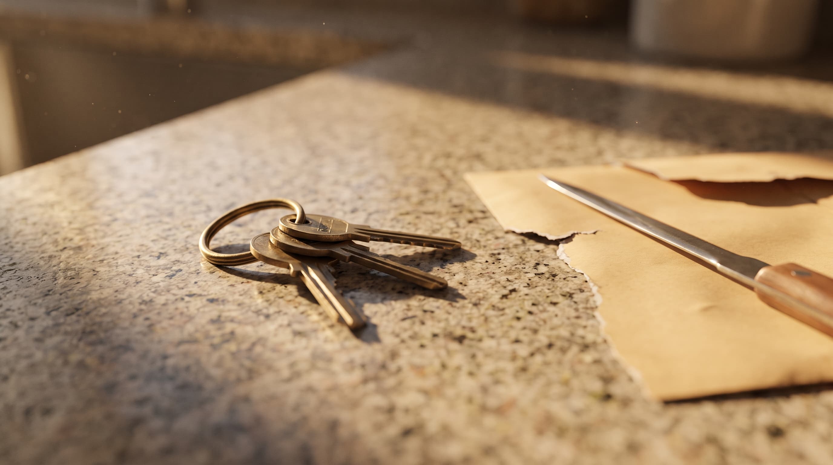 Brass house keys resting on a granite counter beside a closed envelope, lit by warm morning light.